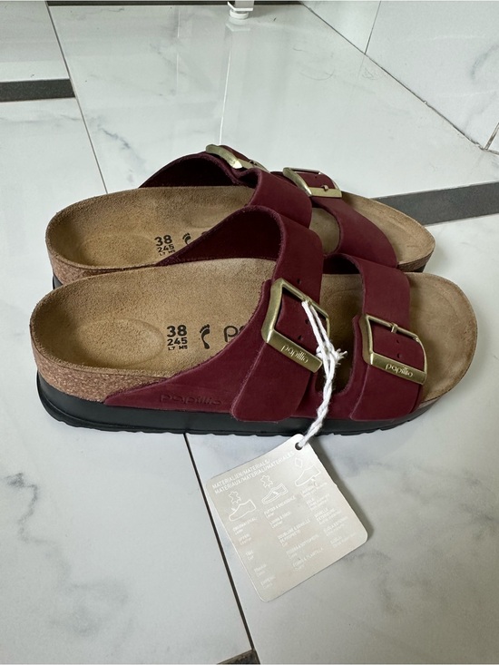 Birkenstock Shoes - Birkenstock platform Burgundy Two-Strap Sandals with Gold Buckles